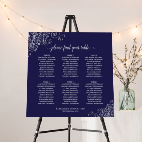 6 Table Silver Lace on Navy Blue Seating Chart Foam Board
