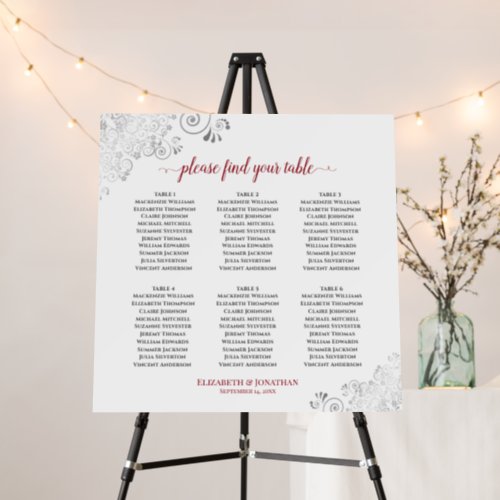 6 Table Silver Lace  Red on White Seating Chart Foam Board