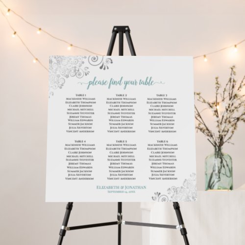 6 Table Silver Lace  Teal on White Seating Chart Foam Board