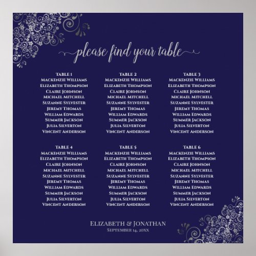 6 Table Silver  Navy Blue Wedding Seating Chart