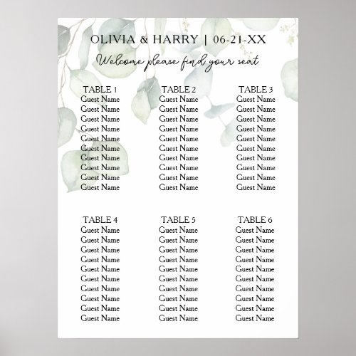 6 Table Watercolor Ecalyptus Wedding Seating Chart