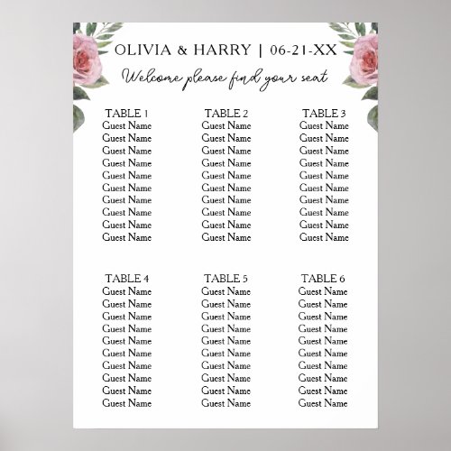 6 Table Watercolor Roses Wedding Seating Chart
