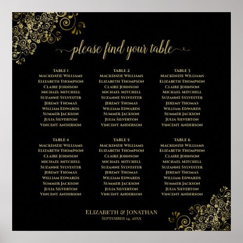 6 Table Wedding Seating Chart Gold Frills on Black