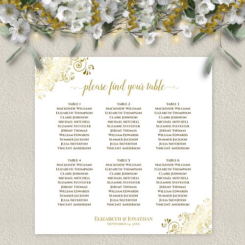 6 Table Wedding Seating Chart Gold Frills on White