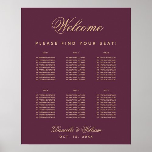 6 Table Wedding Simple Wine Color Seating Chart
