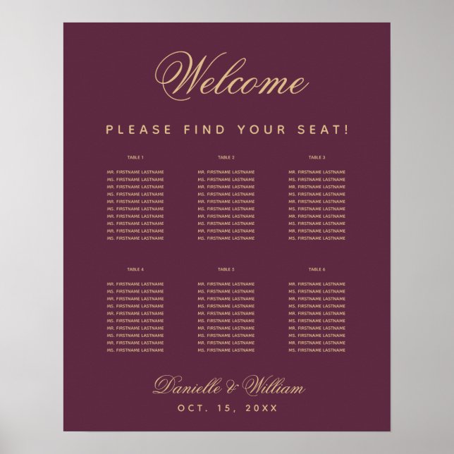 6 Table Wedding Simple Wine Color Seating Chart (Front)