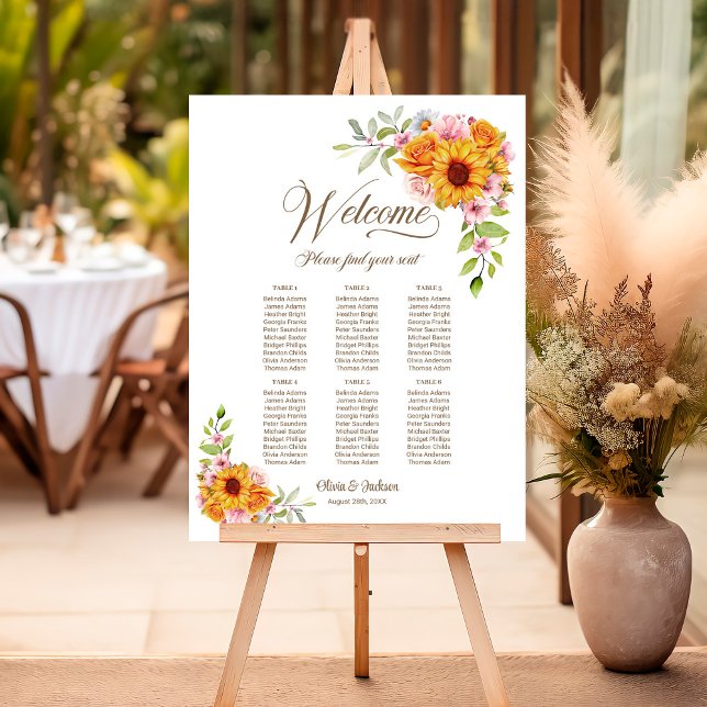 6 Table Yellow Pink Floral Wedding Seating Chart Foam Board (Creator Uploaded)