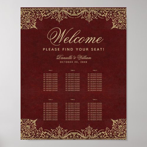 6 Tables Burgundy Vintage Wedding Seating Chart