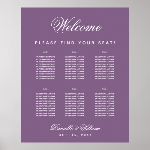 6 Tables Dusty Purple Simple Wedding Seating Chart