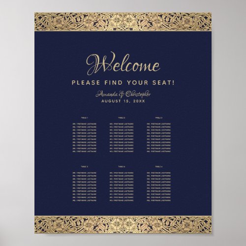 6 Tables Navy Blue Wedding Seating Chart Gold Rose