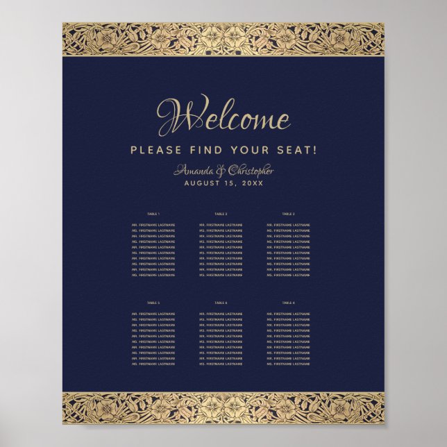 6 Tables Navy Blue Wedding Seating Chart Gold Rose (Front)