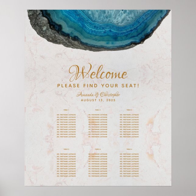 6 Tables Seating Chart Marble Blue Geode Wedding (Front)