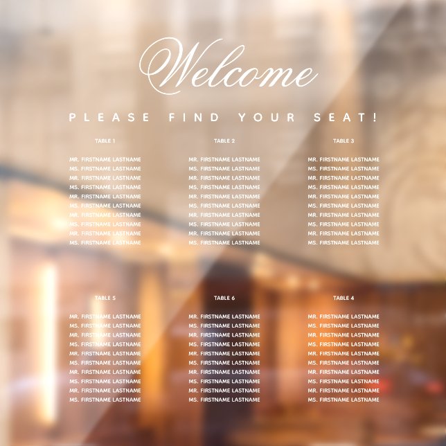 6 Tables White Simple Transparent Seating Chart Window Cling (Sheet 2)