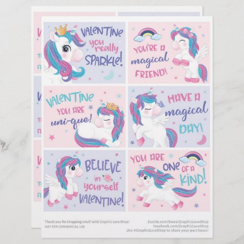 6 Unicorn Kids Classroom Valentines Day Cards