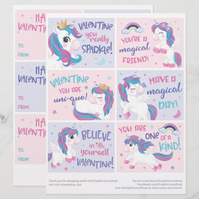 6 Unicorn Kids Classroom Valentines Day Cards (Front/Back)