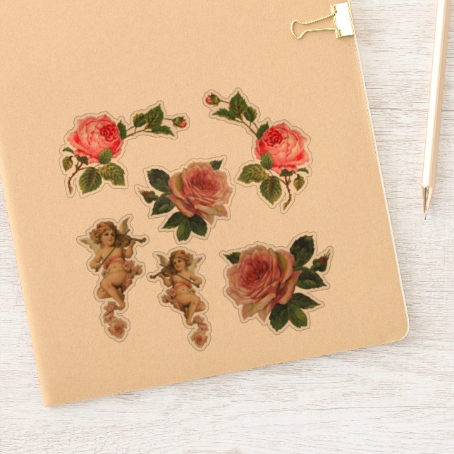 6 Victorian Die-Cut stickers Rose Cherub Angel (Notebook)
