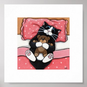 6" X 6" | Whimsical Cat Art | Cat With Teddy Poster by LisaMarieArt at Zazzle