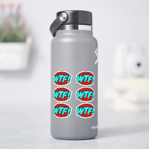 6 x WTF Pop Art Aqua Blue on Red on 4" Vinyl Sticker