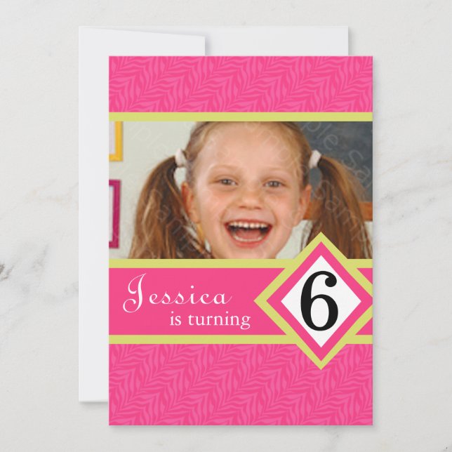 6 Year Old Birthday Party Invitations Zebra GIRL (Front)