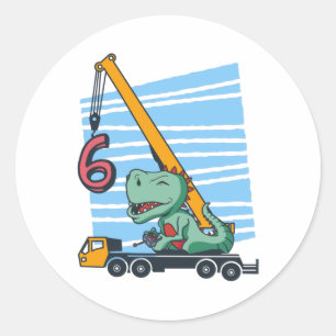 6 years 6th Birthday Mobile Crane Dinosaur Classic Round Sticker