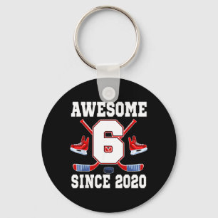 6 Years Awesome Since 2020 Hockey Theme Birthday Keychain