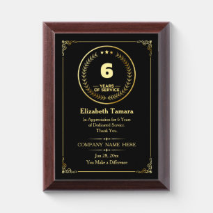 6 Years of Service Employee Appreciation Award Plaque