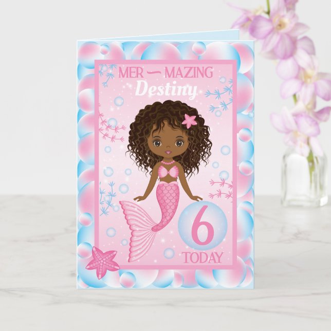 6 Years Old Black Mermaid  | Happy Birthday Card (Orchid)
