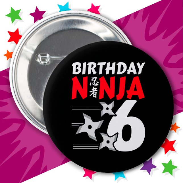 6 Years Old Ninja Party Stars Kids 6th Birthday Button (Creator Uploaded)