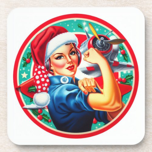 6Cork Backed Coaster _ Rosie the Riveter Christmas