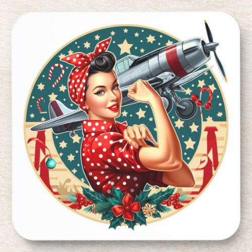 6Cork Backed Coaster _ Rosie the Riveter Christmas