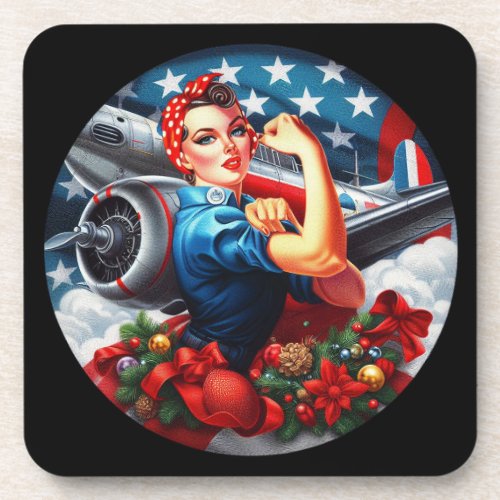 6Cork Backed Coaster _ Rosie the Riveter Christmas