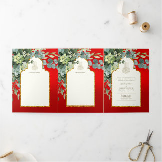 6pg NIKAH WALIMAH  Red Gold Greenery Wedding Tri-Fold Invitation