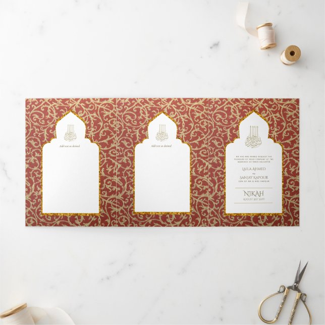 6pg NIKAH WALIMAH White Red Gold Ornate Tri-Fold I Invitation (Outside)