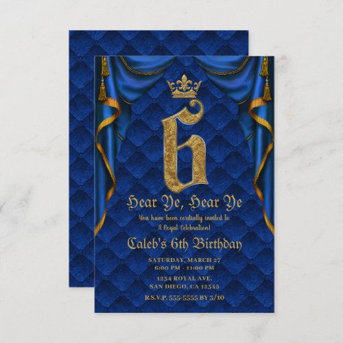 6TH 6 SIX Birthday Party Royal Blue Gold Crown   Invitation