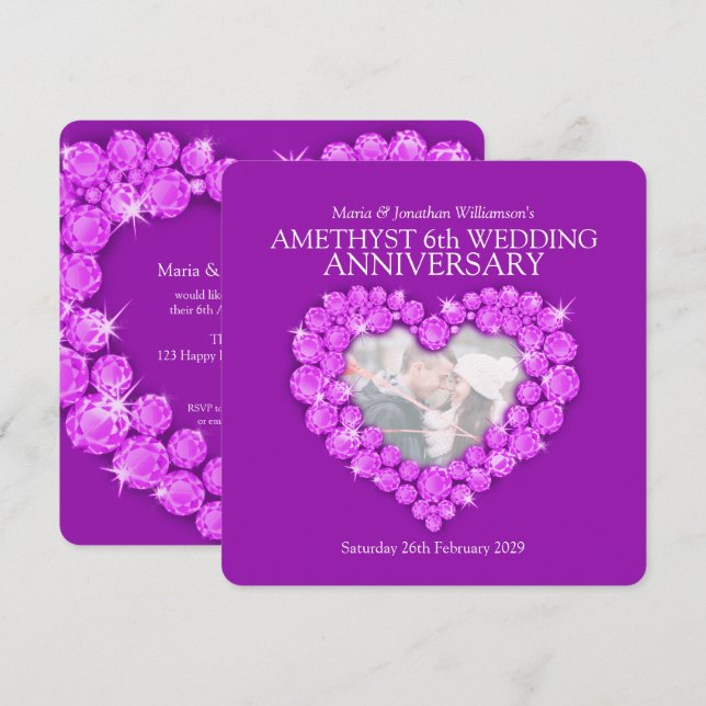 6th amethyst photo wedding anniversary invites (Front/Back)