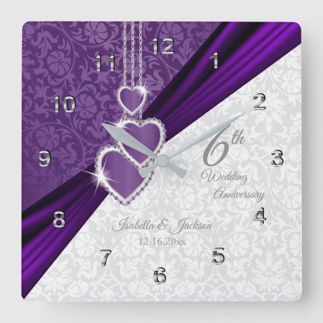 6th Amethyst Purple Wedding Anniversary Keepsake Square Wall Clock (Front)
