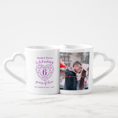 6th anniversary amethyst heart custom photo coffee mug set