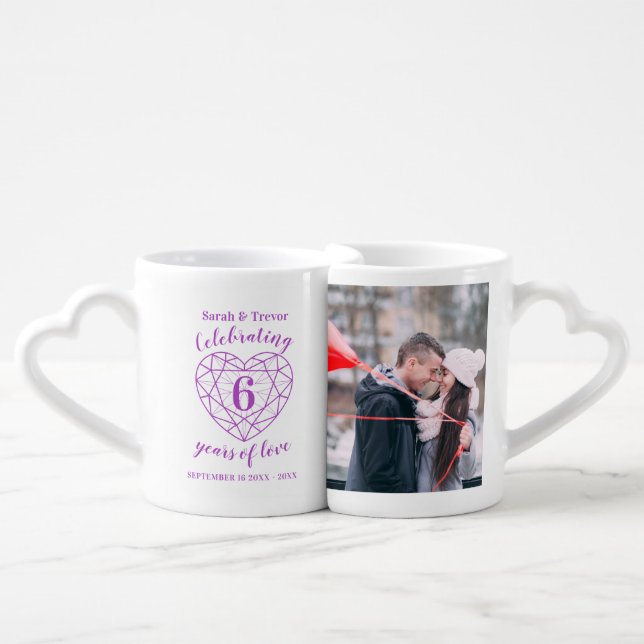 6th anniversary amethyst heart custom photo coffee mug set (Front Nesting)