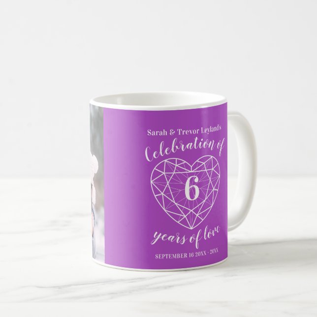 6th anniversary purple amethyst heart custom photo coffee mug (Front Right)