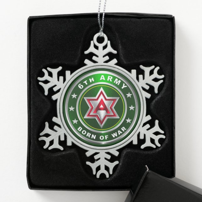 6th Army Ceramic  Snowflake Pewter Christmas Ornament (Box)