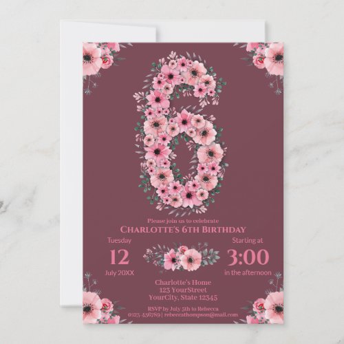 6th Big Birthday Girl Pink Flowers Green Foliage Invitation