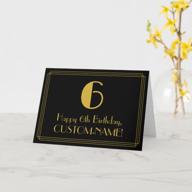 6th Birthday: Art Deco Inspired Look "6" + Name Card (Yellow Flower)