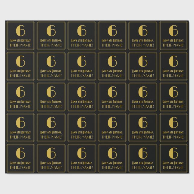 6th Birthday ~ Art Deco Inspired Look "6", Name Wrapping Paper (Seam)