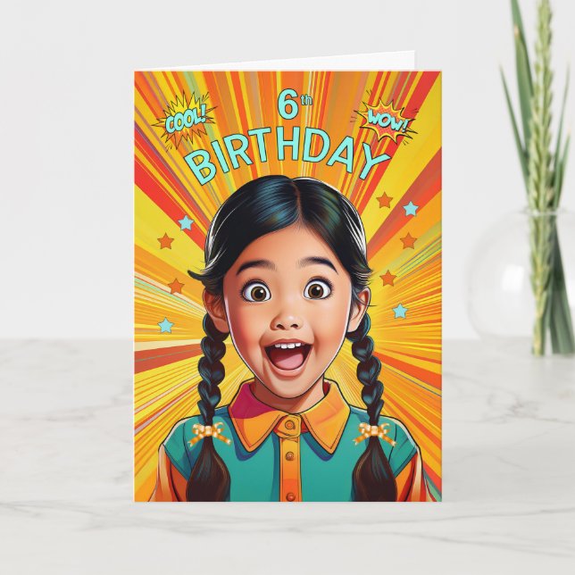6th Birthday Asian American Girl Pop Art Style Card (Front)