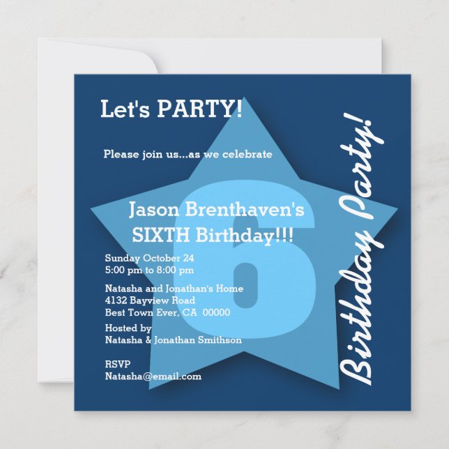 6th Birthday Baby Boy Six Year Big Blue Star K06 Invitation (Front)