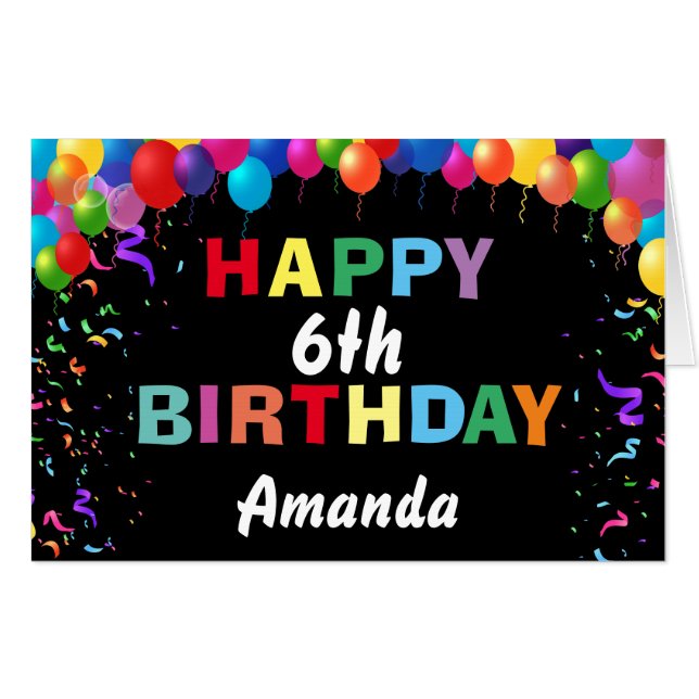 6th Birthday Balloons Black Extra Large Jumbo Card (Front Horizontal)