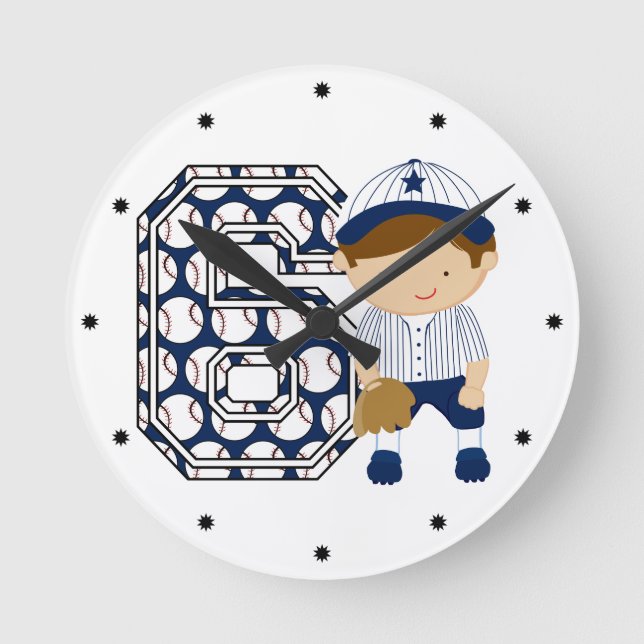 6th Birthday Baseball Catcher Blue and White Round Clock (Front)