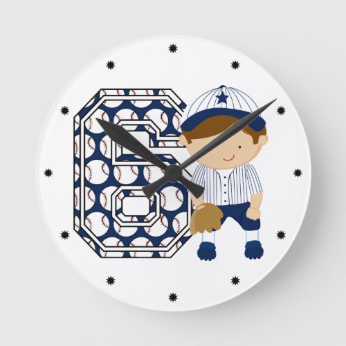 6th Birthday Baseball Catcher Blue and White Round Clock