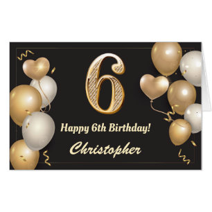 6th Birthday Black and Gold Balloons Extra Large Card