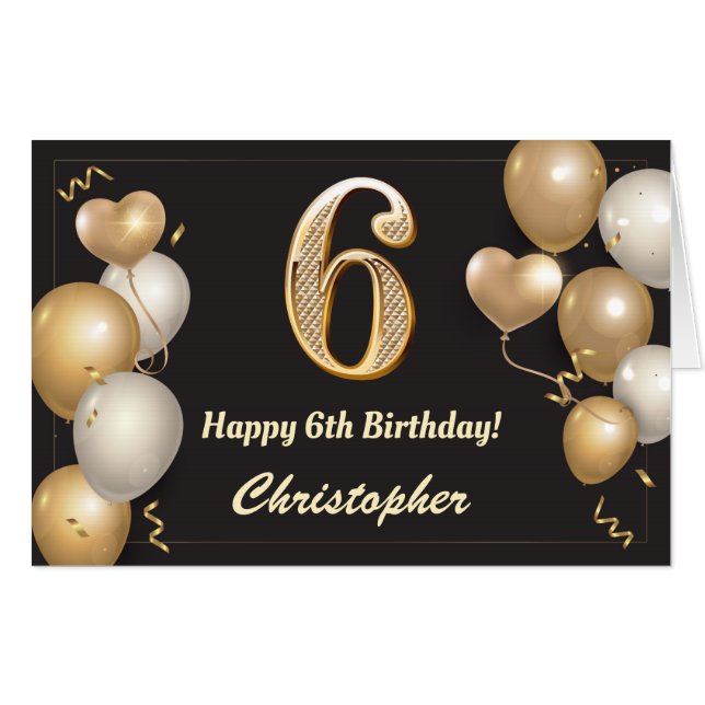 6th Birthday Black and Gold Balloons Extra Large Card (Front Horizontal)